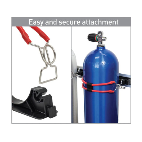 Durable Scuba Tank Holder System with interlocking bases and a flexible silicone band mounting scuba tank securely