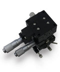Motorized Rotary Positioning Stage With Fine Tuning For XZR Axis, aluminum alloy, black with silver knobs, precision lab equipment