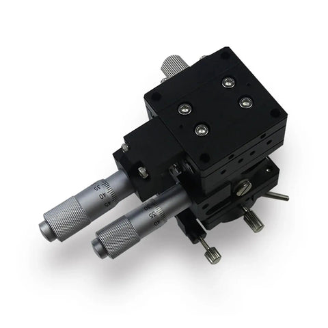 Motorized Rotary Positioning Stage With Fine Tuning For XZR Axis, aluminum alloy, black with silver knobs, precision lab equipment