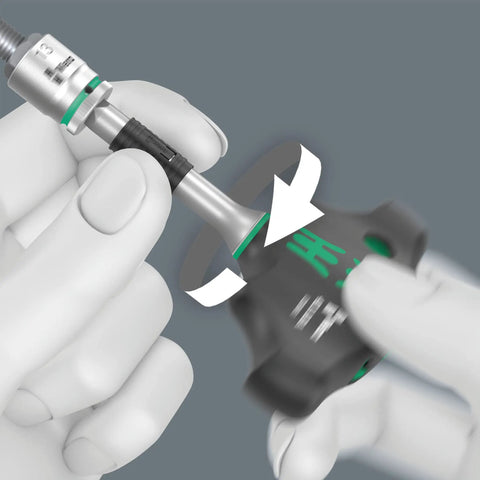 T-Handle Ratcheting Screwdriver Adapter with One Quarter Inch Drive, 45 mm Length, ergonomic two-component handle in use
