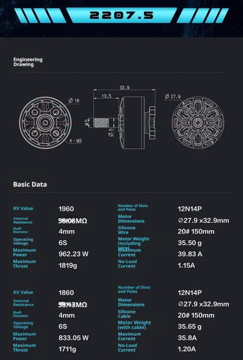 Engineering schematics of Beefed Up 2207.5 1860Kv Brushless Motor For 6S FPV Drone 5 Inch Props with specs and dimensions.
