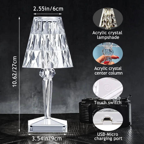 Rose Crystal Touch Table Lamp With 2000mAh Rechargeable Battery, Diamond Shaped LED Light With 3 Color Modes, dimensions shown
