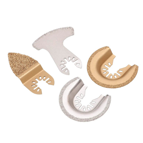 Four Pack Semi Circle Finger Segment Oscillating Saw Blades For Grout, Ceramics, And Masonry, showing various blade designs