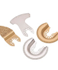 Four Piece Oscillating Saw Blade Set For Grout Ceramics Masonry And Tile With Semi Circle Finger Segment Design For Fast Smooth Cutting And Sanding Pro Grade For Heavy Duty Jobs displayed on white background