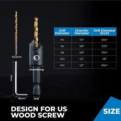 Toolant countersink drill bit set, 5 pcs, high-speed steel bits for wood; sizes #4, #6, #8, #10, #12