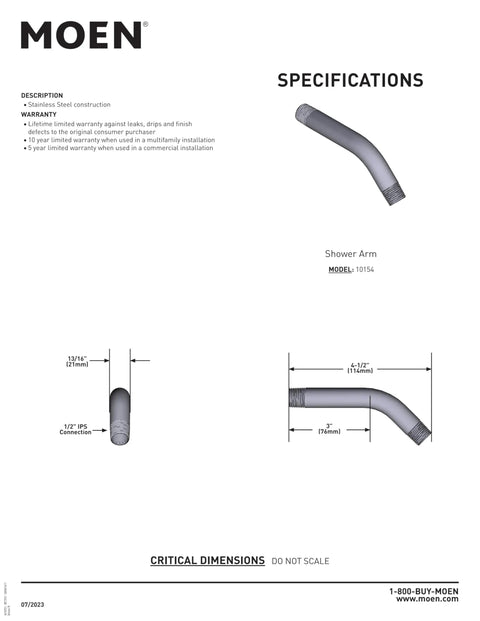 6 Inch Angled Shower Arm With One Half Inch IPS Connections Brushed Nickel LifeShine Finish with specifications