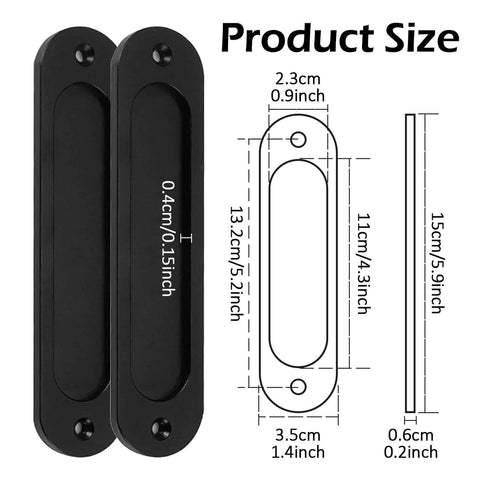 Diagram and dimensions of 2 Pack Matte Black Flush Pull Barn Door Handles 6 Inch Round Corner Rectangular Flat Plate Recessed Sliding Pocket Door Hardware Aluminum Finger Pull for Closets Cabinets Drawers Wardrobes and Interior Doors, showing measurements in inches and centimeters.