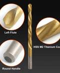 Close-up of Left Hand Drill Bit Set 13 Pc for Metal Wood Plastic HSS M2 Titanium Nitride Coated 135 Degree Split Point