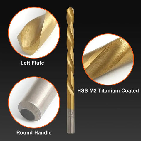 Close-up of Left Hand Drill Bit Set 13 Pc for Metal Wood Plastic HSS M2 Titanium Nitride Coated 135 Degree Split Point