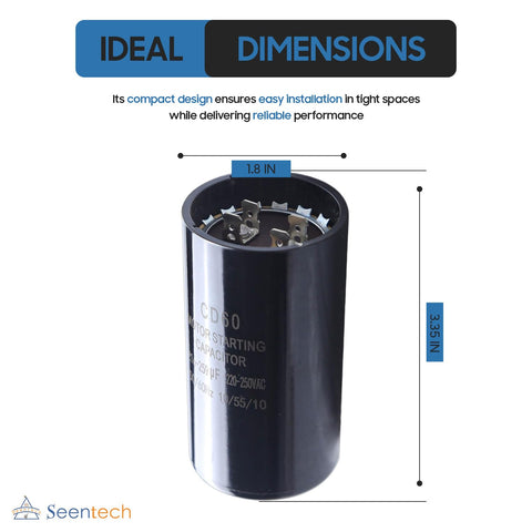 216-259 UF Round Motor Start Capacitor 220-250V 50/60 Hz AC, black casing, showing dimensions 1.8 x 3.35 inches.