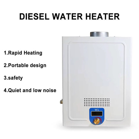 Image of 12V Diesel Tankless Water Heater For RV And Camper Vans, portable design with control panel and vent.