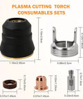 24pcs Plasma Cutting Torch Consumables Kit With Heat Resistant Copper Electrodes And Hafnium Tip Plus Stainless Steel Nozzles For Durable IPT40 Cutter Performance, showing various components with size details.