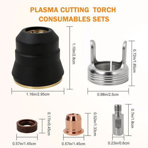 24pcs Plasma Cutting Torch Consumables Kit With Heat Resistant Copper Electrodes And Hafnium Tip Plus Stainless Steel Nozzles For Durable IPT40 Cutter Performance, showing various components with size details.