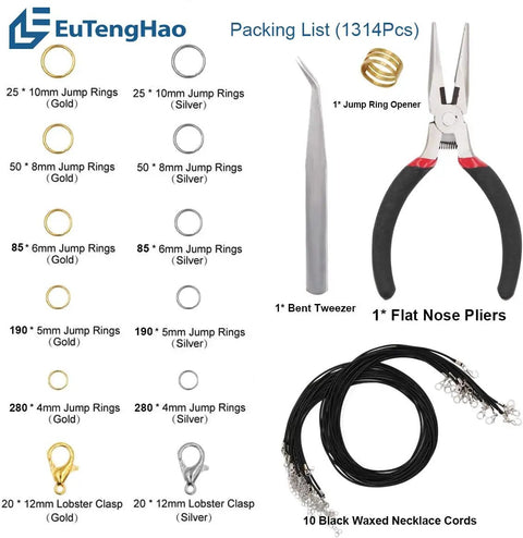All In One Jewelry Making Kit With 1314 Open Jump Rings And 40 Lobster Clasps Pliers Tweezers Jump Ring Tool Opener And 10 Black Waxed Necklace Cords 22 Inches In Gold And Silver For Diy Necklace Repair And Craft Projects