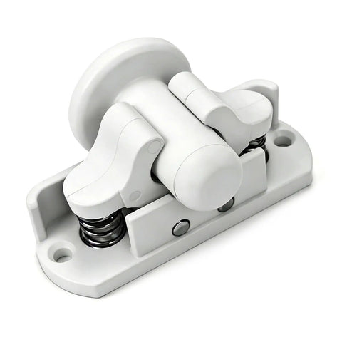 Durable Nylon Door Retainer Catch Clips For Caravans And Motorhomes, white, spring-loaded design, minimizes door slamming noise.