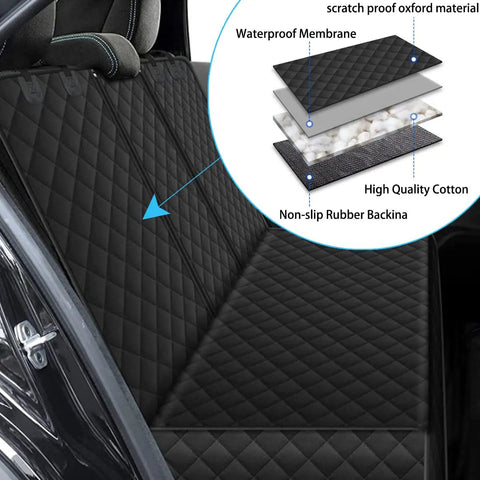 Waterproof Dog Car Seat Cover for Back Seat Universal Nonslip Protector with armrest and seat belt, durable, soft backseat pad for cars, trucks, and SUVs, hair shield and scratch protection, easy to clean, fits most cars.