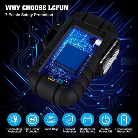Windproof Dual Arc USB Rechargeable Flameless Plasma Lighter For Camping And Hiking with safety features displayed