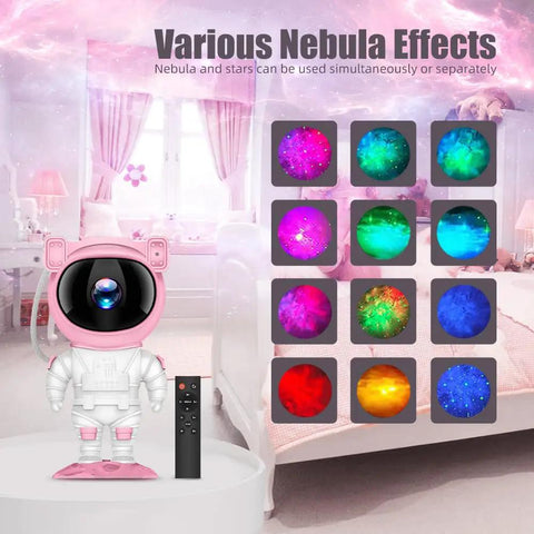 Astronaut Galaxy Projector Night Light With Timer And Remote Pink And White, Nebula LED Lamp showcasing color effects and remote