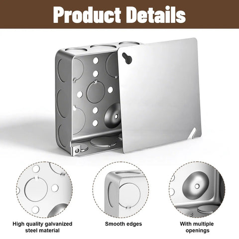 Top Shelf 6 Pack 4 Inch Square Electrical Junction Boxes With Covers Galvanized Steel Outlet Cans showing interior with multiple openings.