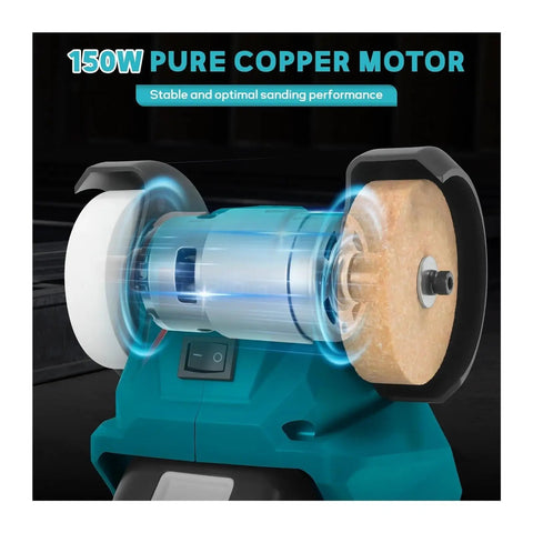 Cordless Electric Bench Grinder With 2 Wheels For Metal Polishing And Deburring. High Speed 150W Motor shown with dual wheels.
