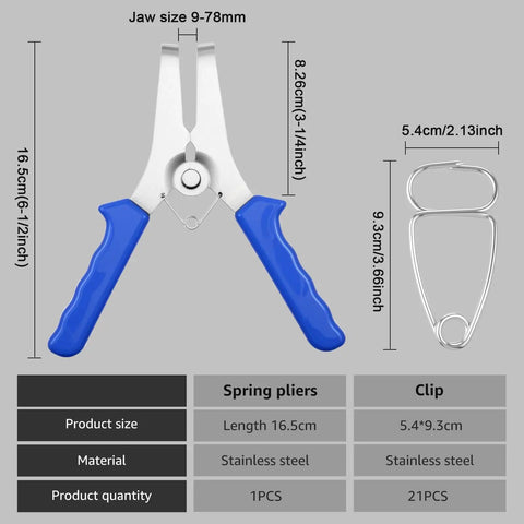 Woodworking Miter Spring Clamps Kit With Spring Loaded Pliers, 21 Miter Clamps, showing blue-handled pliers and clamp dimensions
