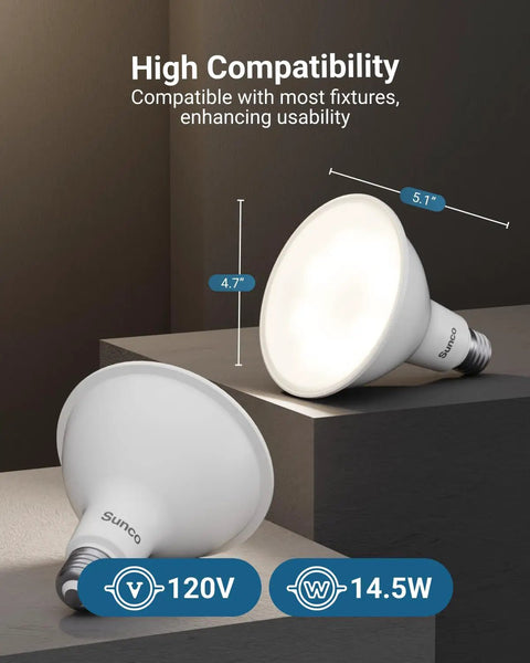 PAR38 LED Dusk To Dawn Outdoor Flood Light Bulb 150W Equivalent 5000K Daylight Motion Activated E26 Base 2 Pack displayed on a surface