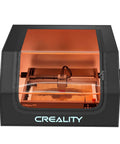 Creality laser engraver enclosure, front view, black with viewing window and side exhaust pipe.