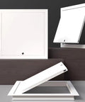 Kickass Lockable Steel Access Panel Door Flush Fit Seamless Design For Drywall Ceilings And Attics Reinforced Metal Hatch view with angled panel opening.