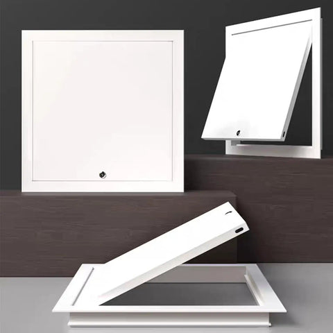 Kickass Lockable Steel Access Panel Door Flush Fit Seamless Design For Drywall Ceilings And Attics Reinforced Metal Hatch view with angled panel opening.