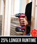 Power Core 20 Brushless Cordless Drill Driver Kit with half inch chuck in use drilling wood with LED work light and 2.0Ah battery