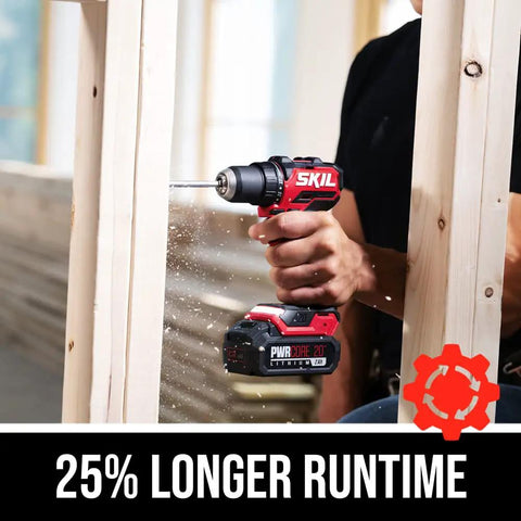 Power Core 20 Brushless Cordless Drill Driver Kit with half inch chuck in use drilling wood with LED work light and 2.0Ah battery