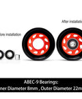 Eight Pack 58mm By 39mm 95A Indoor Quad Roller Skate Wheels For Roller Derby Speed Skating Artistic Jam Rink And Rhythm Skates With PU Wear Resistant Build Grippy Double Row ABEC 9 Bearings showing bearings installation