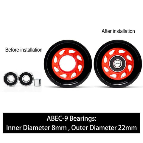 Eight Pack 58mm By 39mm 95A Indoor Quad Roller Skate Wheels For Roller Derby Speed Skating Artistic Jam Rink And Rhythm Skates With PU Wear Resistant Build Grippy Double Row ABEC 9 Bearings showing bearings installation