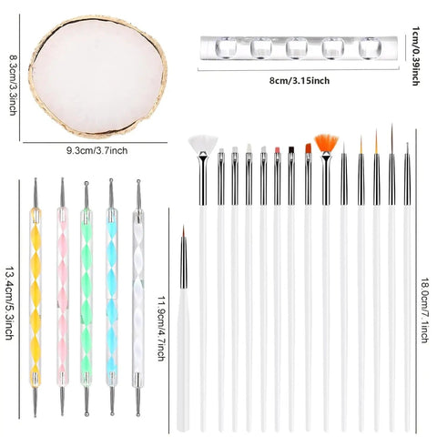 Nail Art Brush Kit 22 Piece Set With 2 Way Acrylic Silicone Engraving Pens Dotting Tools And Resin Nail Art Palette for DIY