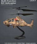 Missile Launch RC Helicopter With 10 Reusable Missiles LED Lights Altitude Hold One Key Takeoff 2.4GHz Remote Control Army Helicopter Toy For Kids Military Battle Drone Gift Brown on display stand.