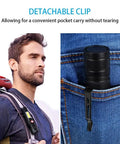 Ultra Bright USB Rechargeable Magnetic LED Flashlight With COB Sidelight clipped to pocket, for easy carry during camping.