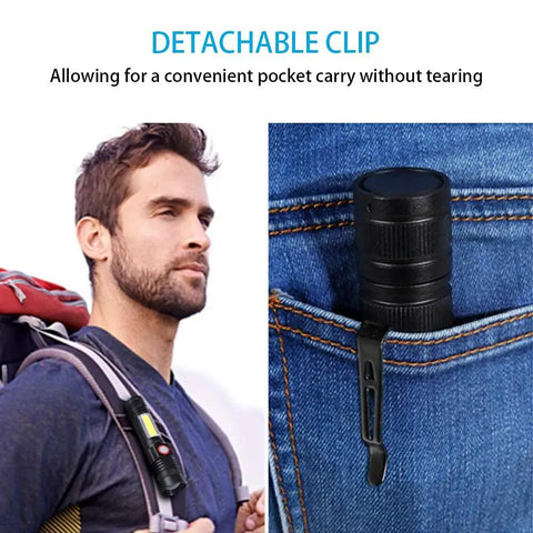 Ultra Bright USB Rechargeable Magnetic LED Flashlight With COB Sidelight clipped to pocket, for easy carry during camping.