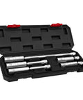 Magnetic Swivel Spark Plug Socket Set 3/8 Inch Drive 12 Point With Extension Kit Includes 14mm Four Inch Thin Wall 9/16 Inch Six Inch And 5/8 Inch Ten Inch Extensions For Quick Auto Fixes, open case