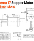 NEMA 17 bipolar stepper motor dimensions diagram with front and side views, showing 4-wire cable connector and mounting holes.