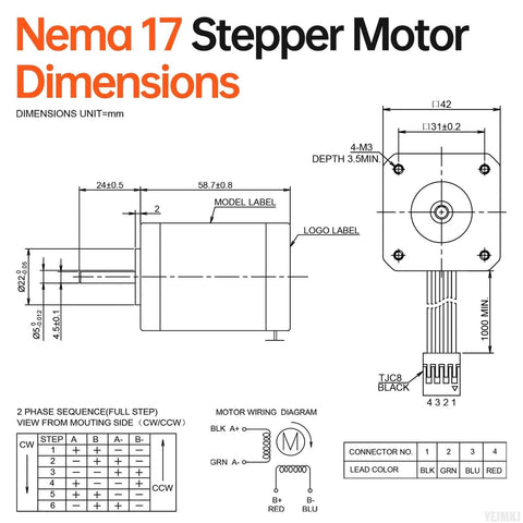 NEMA 17 bipolar stepper motor dimensions diagram with front and side views, showing 4-wire cable connector and mounting holes.