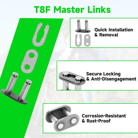 T8F 116 Link Drive Chain for 50cc Dirt Bikes and Pocket Rocket Pit Bikes with metal master links, quick install features
