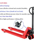 Red pallet jack showcasing Beefed Up Heavy Duty Pallet Jack Replacement Pump Kit For DIY Repair And Restoration 4400 Lb Capacity Hydraulic Pump With 45mm Shaft 165mm Handle Length And 25mm Wheel Axle Fit Pallet Truck.