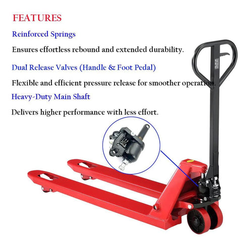 Red pallet jack showcasing Beefed Up Heavy Duty Pallet Jack Replacement Pump Kit For DIY Repair And Restoration 4400 Lb Capacity Hydraulic Pump With 45mm Shaft 165mm Handle Length And 25mm Wheel Axle Fit Pallet Truck.