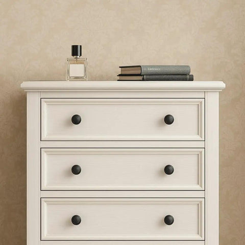 White dresser with 10 Pack Matte Black Cabinet Knobs 1-1/4 Inch Modern Zinc Alloy Hardware For Kitchen Cabinets, Dresser And Drawer Knobs.