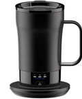 No Cap Self Heating Coffee Mug 14 Oz Rechargeable Smart Temperature Control Cup on its base, sleek black design with handle.