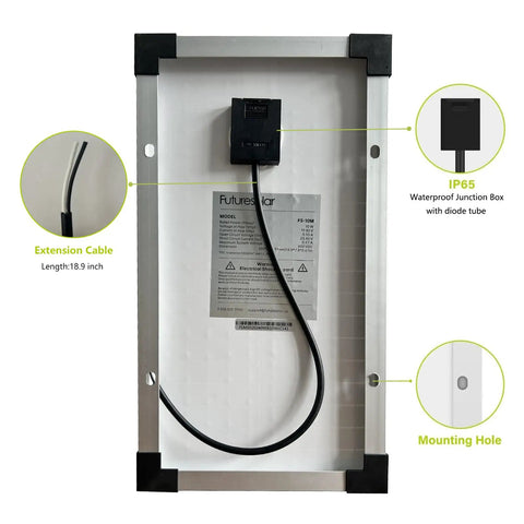 Close-up of the back of a 10W Monocrystalline Solar Panel Battery Charger, featuring waterproof junction box and extension cable.