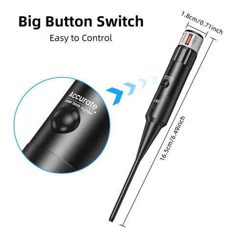 Bright Red Laser Bore Sight Kit With Big Button Switch For 17 To 12 Gauge Caliber Dead On Targeting sight with measurements and button detail