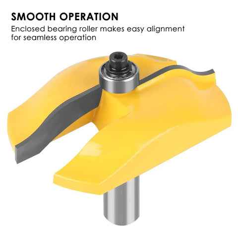 Close-up of Ogee Three Bit Raised Panel Cabinet Door Router Bit with enclosed bearing roller for smooth operation, carbide tipped.