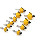Heavy Duty 50 Piece Carbide Wood Router Bit Set 1/4 Inch Shank Flush Trim Box Joint Face Mill And Tenon Cutter Kit with yellow bits.