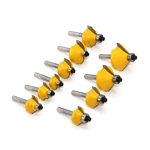 Heavy Duty 50 Piece Carbide Wood Router Bit Set 1/4 Inch Shank Flush Trim Box Joint Face Mill And Tenon Cutter Kit with yellow bits.